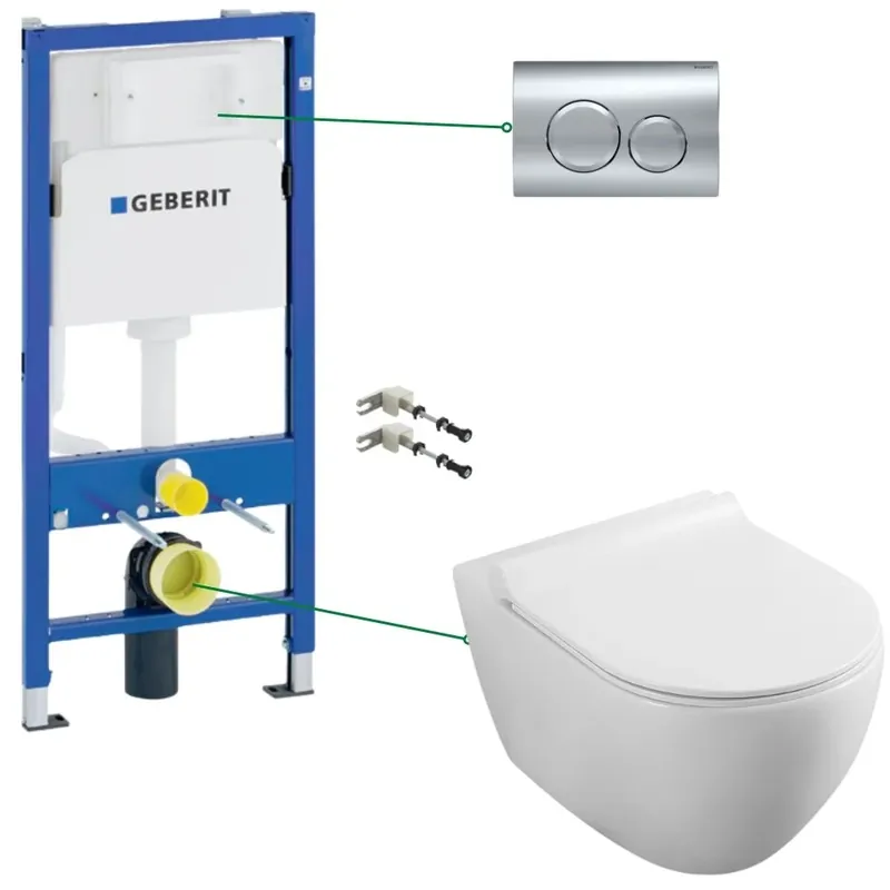 Ofertă de sezon Set vas wc suspendat rimless cu capac soft close, rezervor incastrat si clapeta Geberit