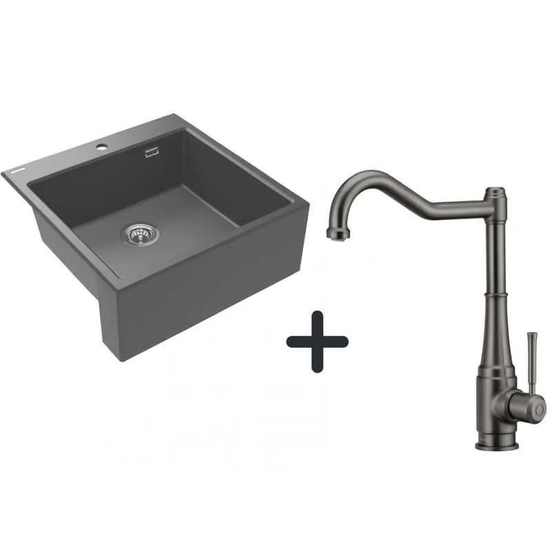 Reducere de preț Set chiuveta bucatarie gri farmhouse Eridan cu baterie bucatarie gri Tamizo