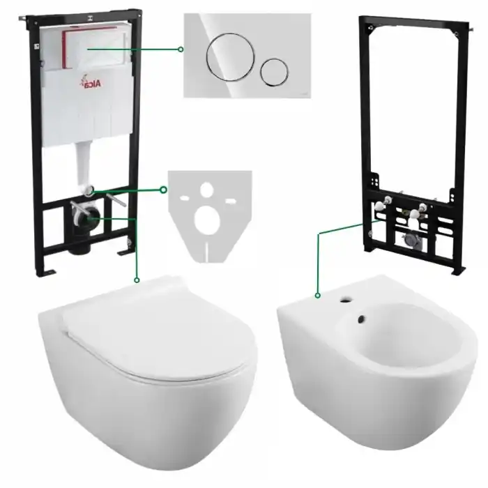 Expediere rapidă Set vas wc cu capac soft close si cu bideu, rezervor incastrat plus clapeta crom si izolare fonica, Minerva