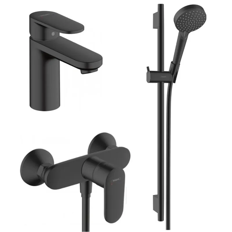 Set baterie lavoar, baterie dus si set de dus, negru mat, Hansgrohe Vernis Blend Ultima șansă