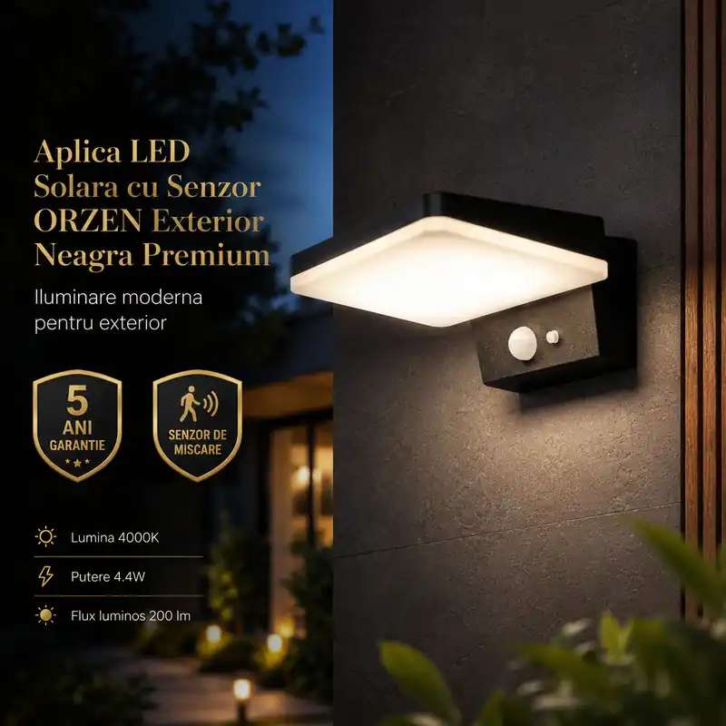 Aplica LED Solara cu Senzor ORZEN Exterior Neagra Premium Reducere
