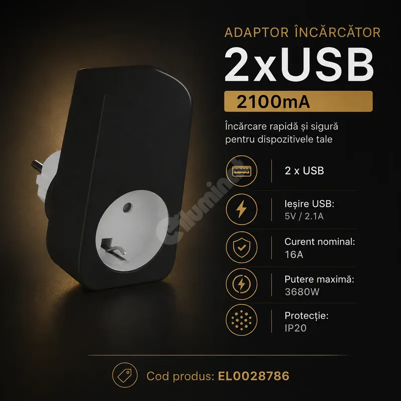 Adaptor Priza cu 2xUSB 2100mA Negru 16A Expediere rapidă