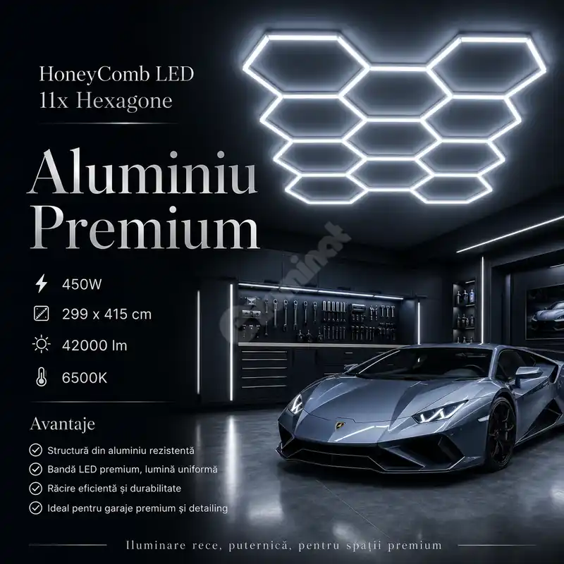 HoneyComb LED 11x Hexagone Aluminiu Premium 450W, 299x415cm, 42000lm, 6500K Disponibil imediat
