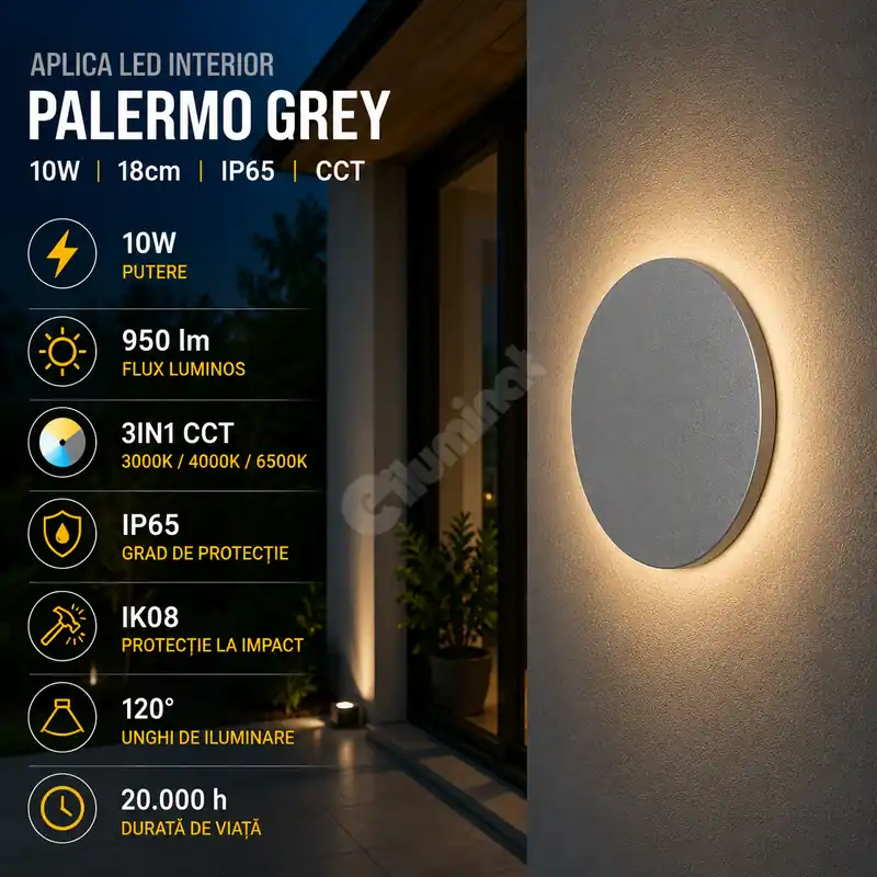 Aplica LED PALERMO Grey 10W 950lm IP65 CCT Cumpărături sigure