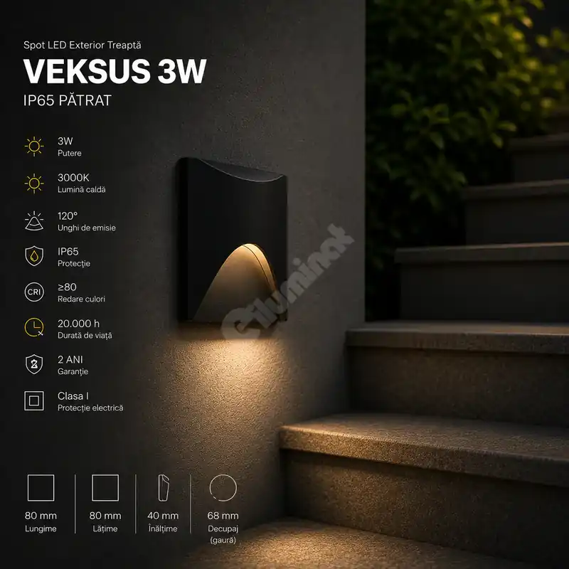 Spot LED Exterior Treapta VEKSUS Black 3W IP65 Patrat Preț promoțional