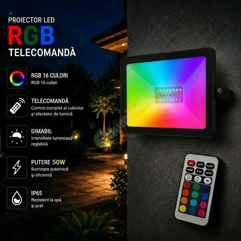 Disponibil imediat Proiector LED RGB Black 50W IP65, Dimabil cu Telecomanda