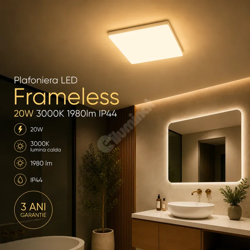 Plafoniera LED Frameless Patrat 20W, 1980lm, 3000K IP44 26cm Ofertă limitată