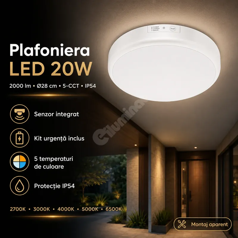 Ofertă Plafoniera LED 20W 2000lm 28cm 5-CCT IP54 Kit Emergenta + Senzor