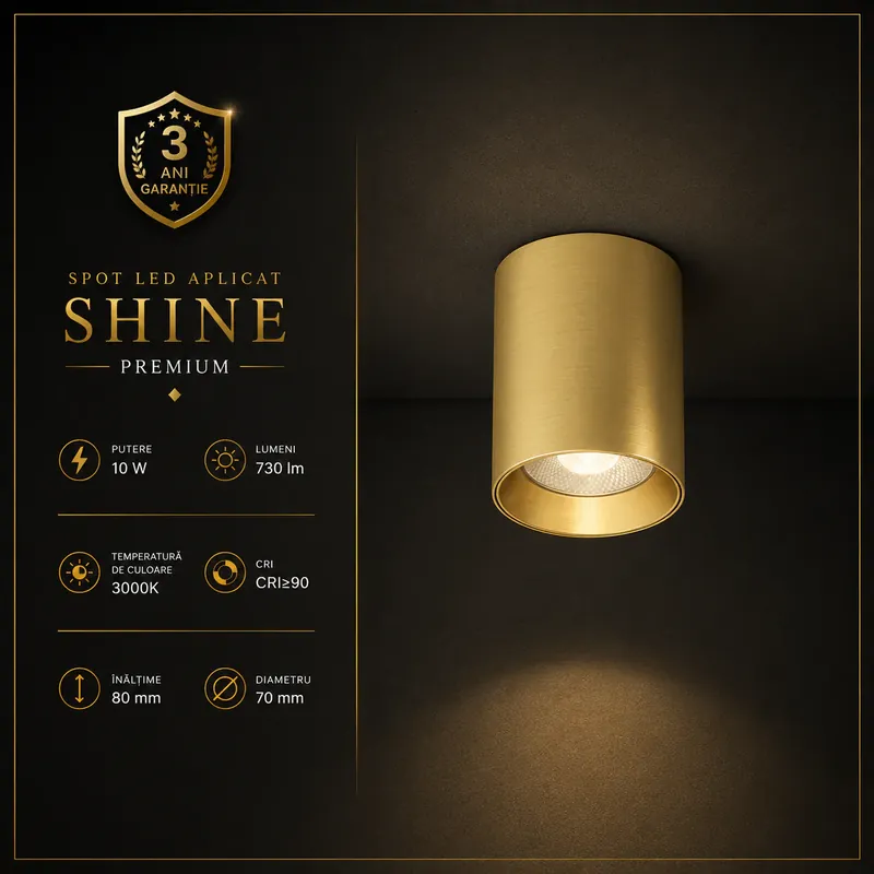 Livrare expres Spot LED SHINE TUBE Gold Aplicat Rotund 10W Premium Ø7 x H8 CM CRI≥90 3000K