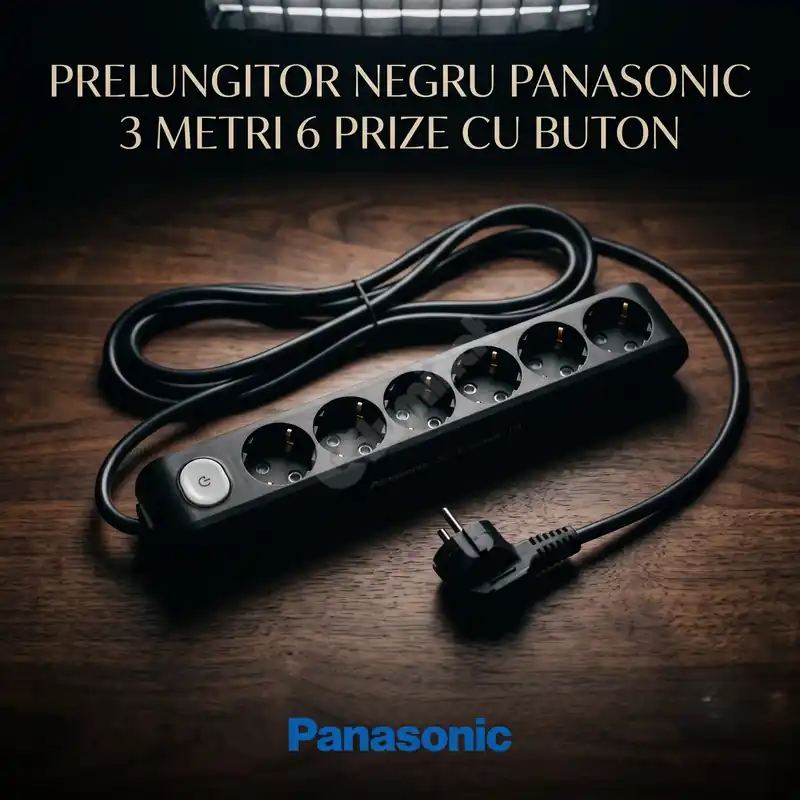 Prelungitor Negru Panasonic 3 Metri 6 Prize cu Buton Plată sigură