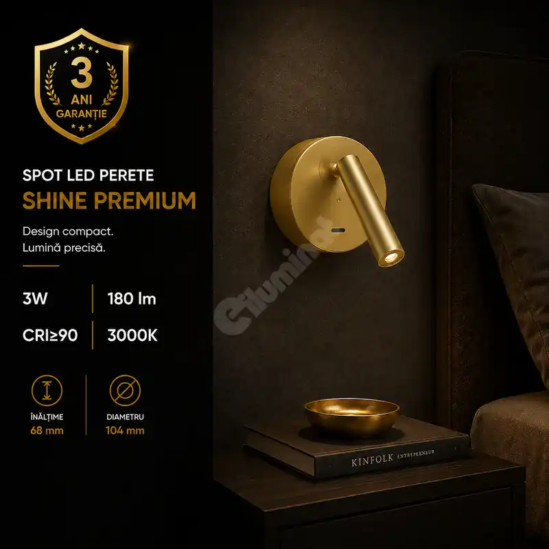 Premium Aplica LED SHINE WALL Gold 3W Premium cu Spot Reglabil CRI≥90 3000K