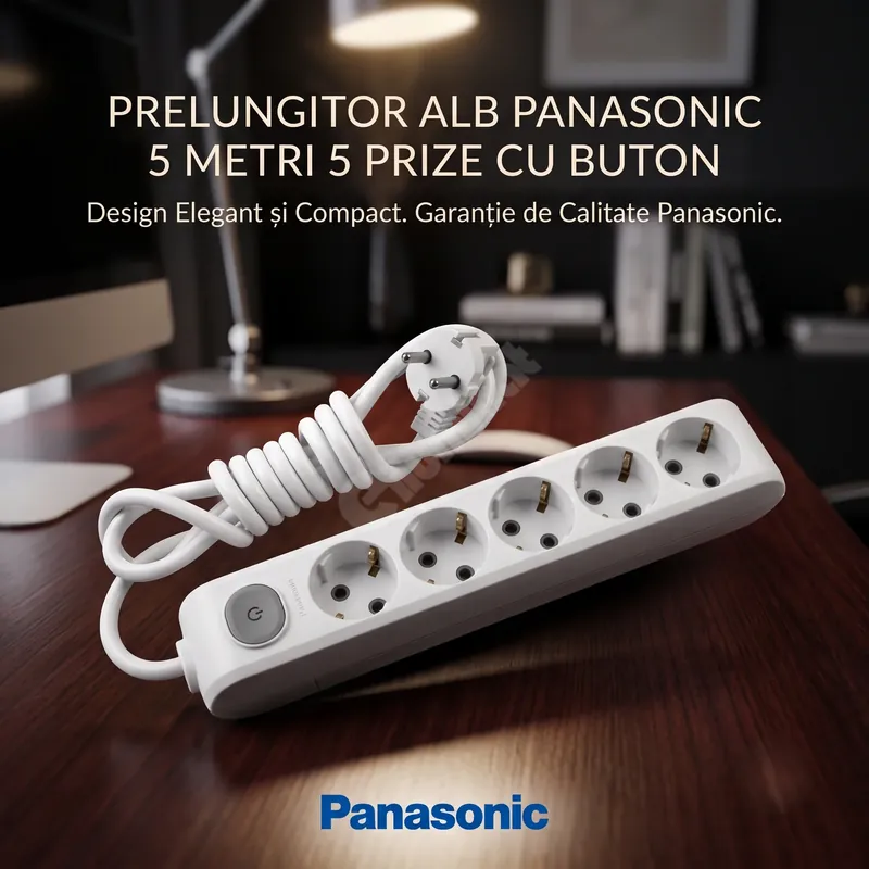 Super ofertă Prelungitor Alb Panasonic 5 Metri 5 Prize cu Buton