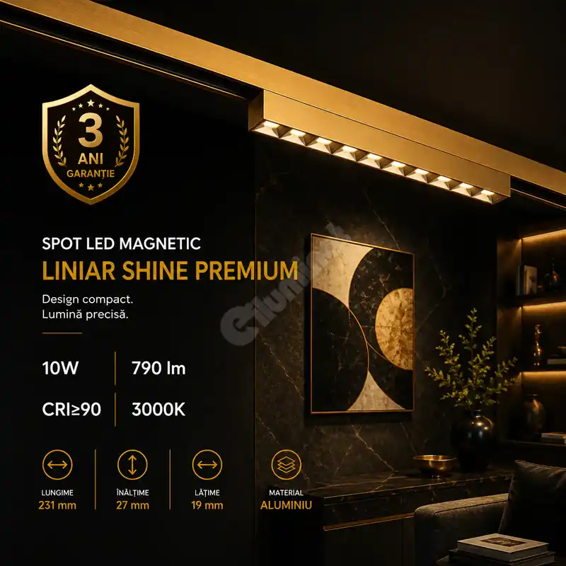 Plată securizată Spot LED Magnetic SHINE TRACK Gold Premium 10W Liniar 23CM CRI≥90 3000K