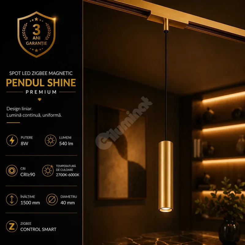 Ofertă exclusivă Spot LED Magnetic ZigBee Pendul SHINE TRACK Gold Premium 8W Rotund Ø4CM CRI≥90