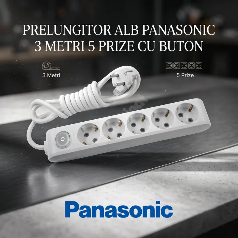 Prelungitor Alb Panasonic 3 Metri 5 Prize Cu Buton Disponibil imediat