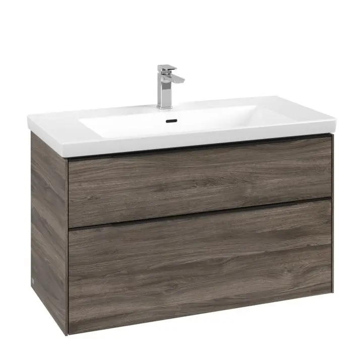 Dulap baza suspendat Villeroy & Boch Subway 3.0 973x576x478 mm cu doua sertare, Stone Oak, maner Volcano Black Reducere de preț