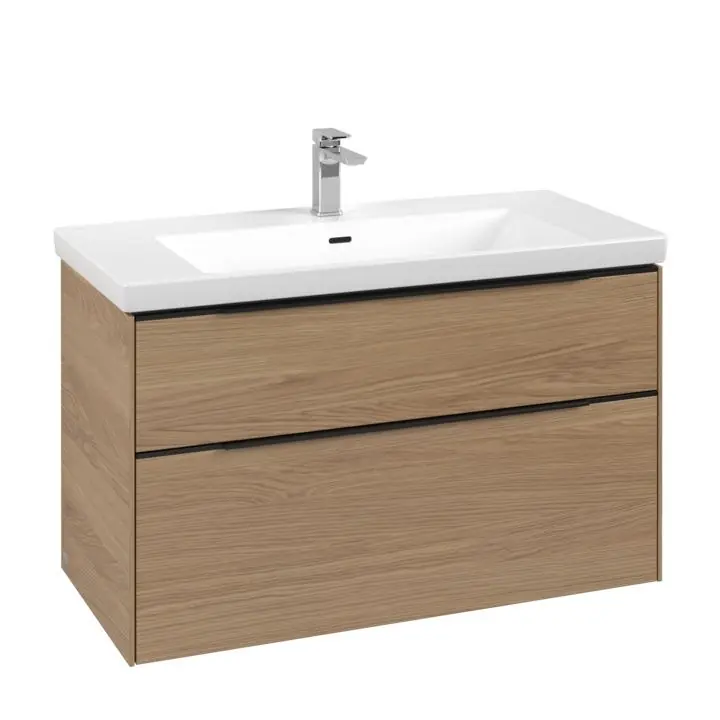Dulap baza suspendat Villeroy & Boch Subway 3.0 973x576x478 mm cu doua sertare, Nordic Oak, maner Volcano Black Cumpără online