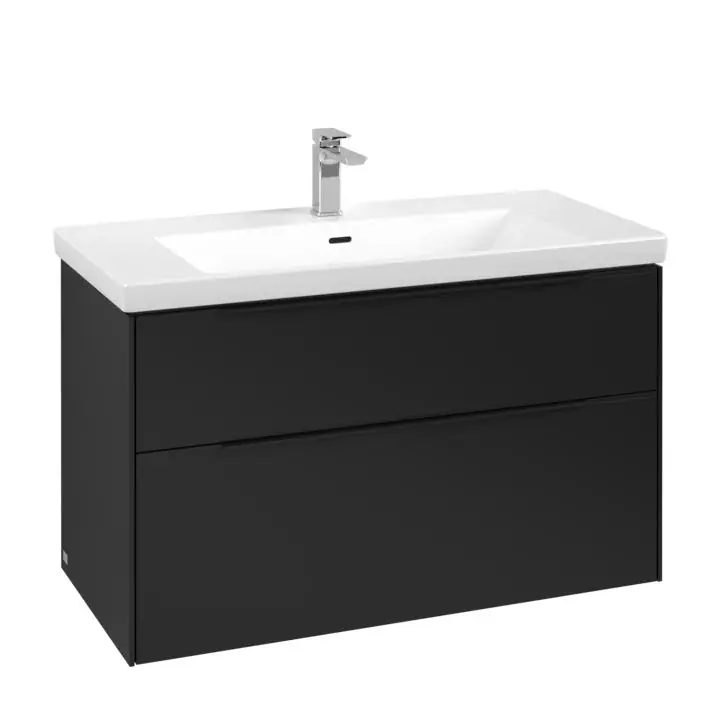 Dulap baza suspendat Villeroy & Boch Subway 3.0 973x576x478 mm cu doua sertare, Volcano Black, maner Volcano Black Preț redus