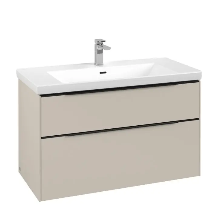 Dulap baza suspendat Villeroy & Boch Subway 3.0 973x576x478 mm cu doua sertare, Cashmere Grey, maner Volcano Black Chilipir
