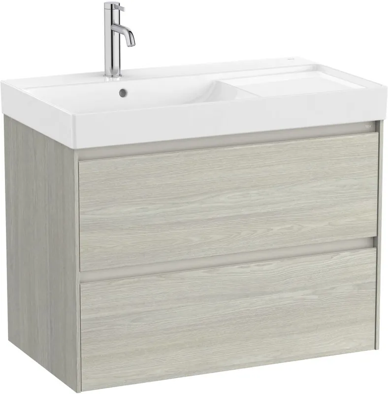 Set mobilier Roca Ona cu dulap baza cu doua sertare 80cm si lavoar asimetric orientare stanga, stejar alb Reducere de preț