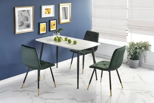 Mai ieftin MASA DINING MARCO, CU EFECT DE MARMURA ALBA/NEGRU, 120 CM, BLAT DIN STICLA, MDF SI PICIOARE DIN METAL, STIL MODERN