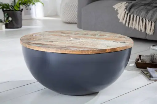 Cumpărături sigure MASUTA DE CAFEA DIN LEMN RECICLAT 70CM, JAKARTA GRI, LEMN SI SUPORT DIN METAL, STIL INDUSTRIAL