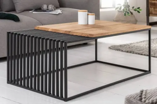 MASUTA DE CAFEA DIN METAL SI LEMN MASIV, ARCHITECTURE 100CM, STIL INDUSTRIAL Reducere specială