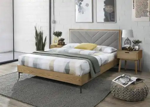 Expediere rapidă PAT DORMITOR MARGARITA, 160X200 CM, GRI/NATURAL, DIN MDF, FURNIR NATURAL SI STOFA FINA, STIL MODERN