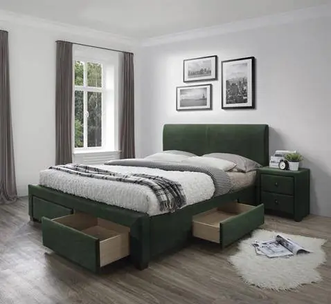 PAT DORMITOR MODENA 3, CU SPATIU DE DEPOZITARE, 160X200 CM, VERDE, DIN LEMN MASIV SI CATIFEA, STIL MODERN Plată sigură