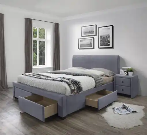 Plată sigură PAT DORMITOR MODENA 3, CU SPATIU DE DEPOZITARE, 160X200 CM, GRI, DIN LEMN MASIV SI CATIFEA, STIL MODERN