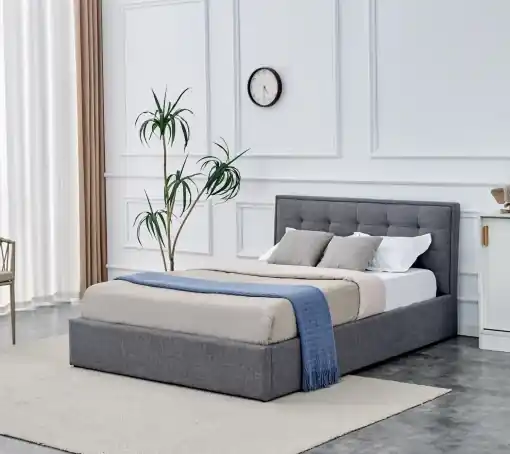 PAT DORMITOR PADVA, CU SPATIU DE DEPOZITARE, 140X200 CM, GRI, DIN LEMN MASIV SI STOFA, STIL MODERN Ofertă exclusivă
