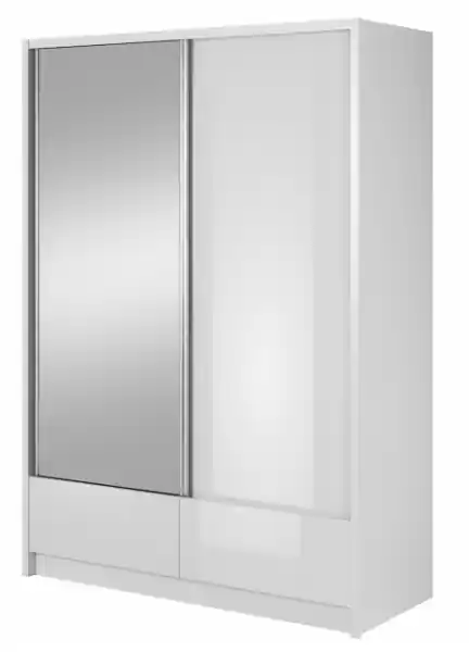 Reducere Dulap dormitor MDF alb lucios Quinn I 150x215 cm cu usi glisante, sertare si oglinda