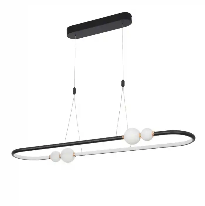Mai ieftin Lustra orizontala dimabila LED neagra/aurie Charon 100 cm, detalii glob albe sticla, design modern, 9820603 - Novaluce