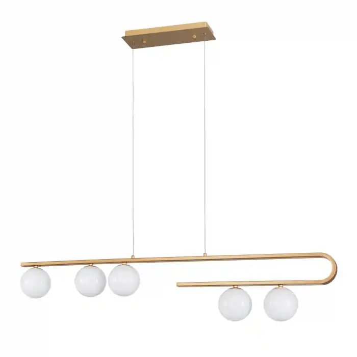Preferatul clienților Lustra eleganta liniara aurie Ganiza 110 cm, 5 globuri albe sticla opal, inaltime reglabila, 9960616 - Novaluce