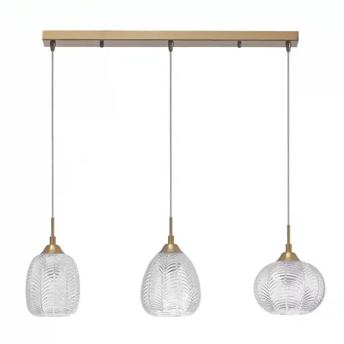 Lustra retro liniara 3 pendule sticla transparenta cu model Sekar 65 cm, metal auriu satinat, 9191543 - Novaluce Reducere
