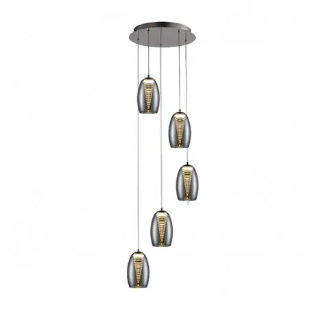 Bestseller Lustra LED lux crom rotunda Loupi, 5 abajururi din sticla si policarbonat, inaltime reglabila, 584438 - Schuller