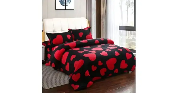 Lenjerie pat dublu, Super Pufoasa COCOLINO, 4 piese, Negru, Roșu, inimioare Lichidare de stoc