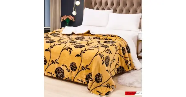 Preț redus Patura Luxoasa Cocolino din Microfibra Ultra-Moale, cu Blanita Sherpa, 200x230 cm - Confort Maxim si Design Elegant pentru Nopti Perfecte, Mustar, Flori