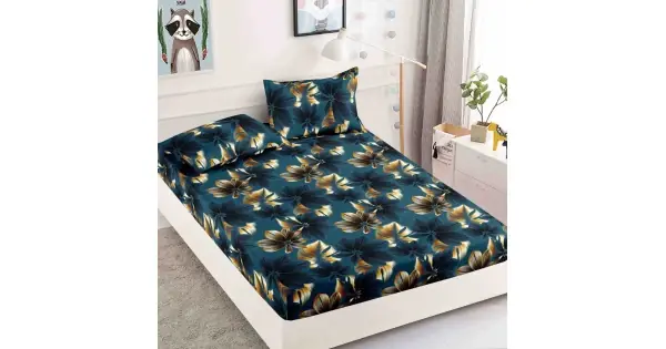 Cearsaf cu elastic, Bumbac FINET, 160/180x200cm, 2 fete de perne 50x70cm, Jojo Home, Bleumarin, flori Cumpără acum
