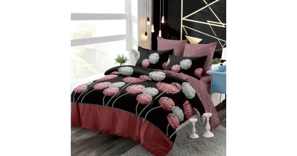 Plată securizată Lenjerie pat dublu, FINET, cu elastic, 6 piese, Negru, papadii