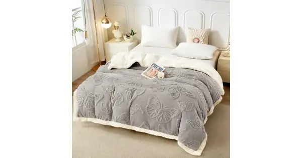 Popular Patura CoCoLiNo cu blanita si fermoar, 200x230cm, fluturi, Gri deschis