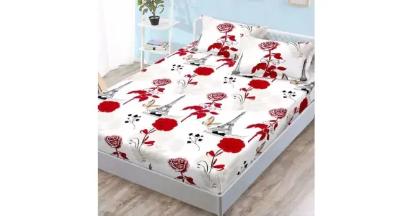 Cearsaf cu elastic, FINET, 180x200cm, 2 fete de perne 50x70cm, Alb-Rosu, trandafiri, turnul Eiffel, fluturi Ultima șansă