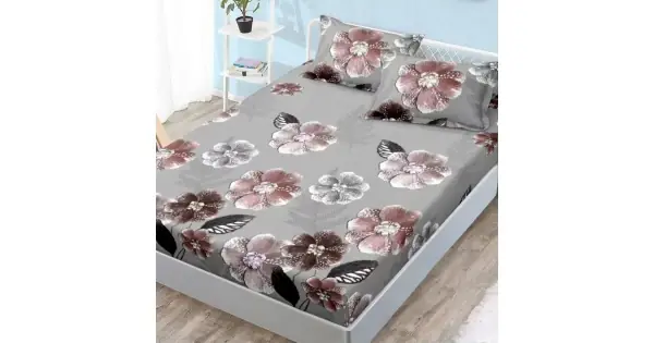 Cearsaf cu elastic, FINET, 180x200cm, 2 fete de perne 50x70cm, Gri, flori Bestseller