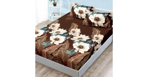 Premium Cearsaf cu elastic, FINET, 180x200cm, 2 fete de perne 50x70cm, Maro, flori