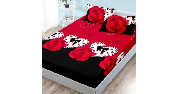Cearsaf cu elastic, FINET, 180x200cm, 2 fete de perne 50x70cm, Rosu-Negru, trandafiri, buline, fundite Preț mic