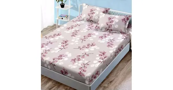 Plată securizată Cearsaf cu elastic, FINET, 180x200cm, 2 fete de perne 50x70cm, Roz, frunze