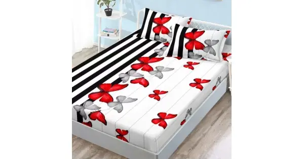 Cearsaf cu elastic, FINET, 180x200cm, 2 fete de perne 50x70cm, Negru-Rosu, fluturi Noutate