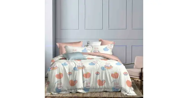 Lenjerie pat 1 PERSOANA, FINET, 4 piese, Jojo Home, Crem-Portocaliu, inimioare, iepurasi Ofertă de sezon