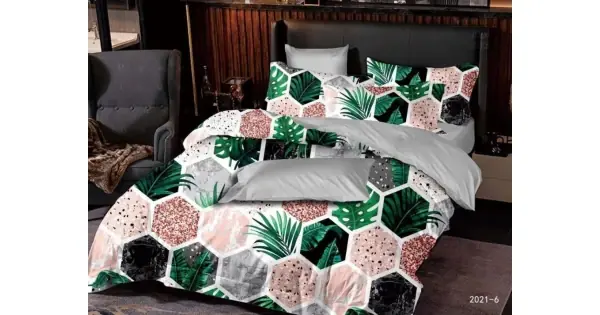 Lenjerie pat dublu (140x200cm, 160x200cm, 180x200cm), FINET Satinat, 6 piese, Verde, frunze, hexangon Ofertă limitată