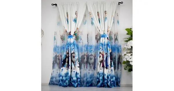 Cel mai bun preț Set Perdea din Voal 3m latime x 2m inaltime si 2 bucati Draperie Satinata 1.5m latime x 2m inaltime, pentru copii , Frozen, cu rejansa pentru sina